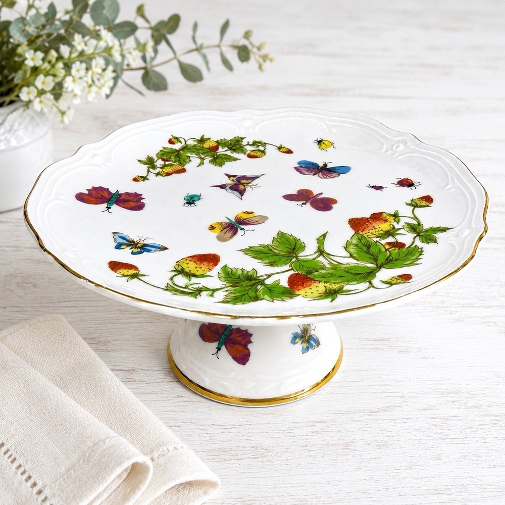 VTG Royal Crown Japan Spring Time Pedestal Cake Stand 7" Strawberry Butterfly